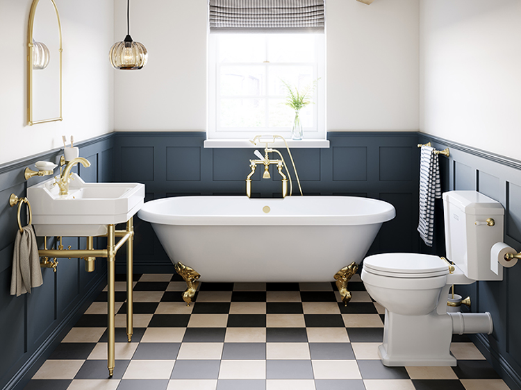 Traditional bathroom with freestanding bath, brass taps and checkerboard floor