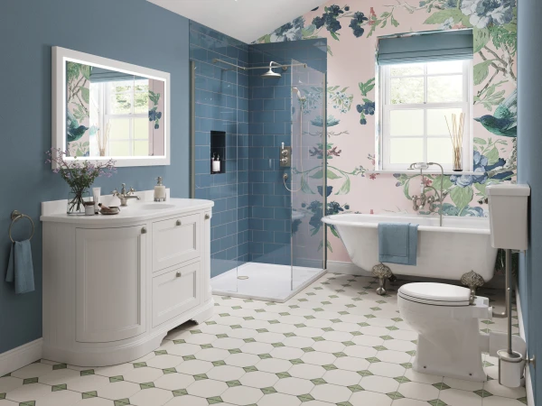 Burlington Victorian Elegance bathroom with freestanding bath, traditional vanity unit and blue heritage tiles available at Island Bathrooms.