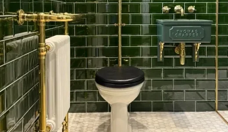 Burlington Victorian Elegance bathroom with freestanding bath, traditional vanity unit and blue heritage tiles available at Island Bathrooms.
